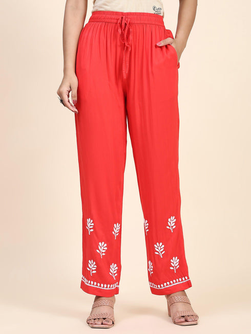 Fizaa Chikankari Long Modal Kurta Set - RED